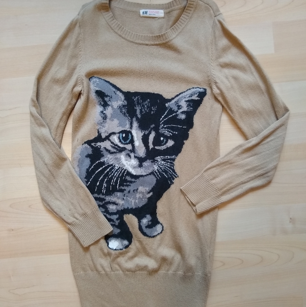 H&M Girls Kitten Long Sleeve Dress Sz 8-10